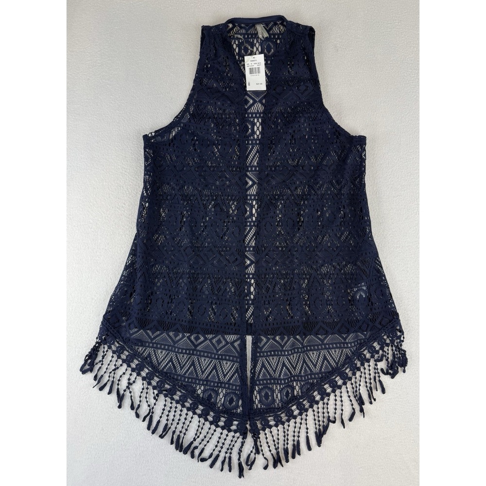 Vanity Vest Women's Small Blue Crochet Lace Fringe Sleeveless Boho Festival NWT